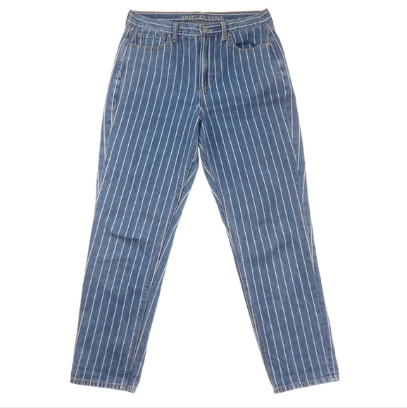American Eagle Highest Mom Jeans Stripe sz 8 Denim Original Blue & White - Picture 2 of 12